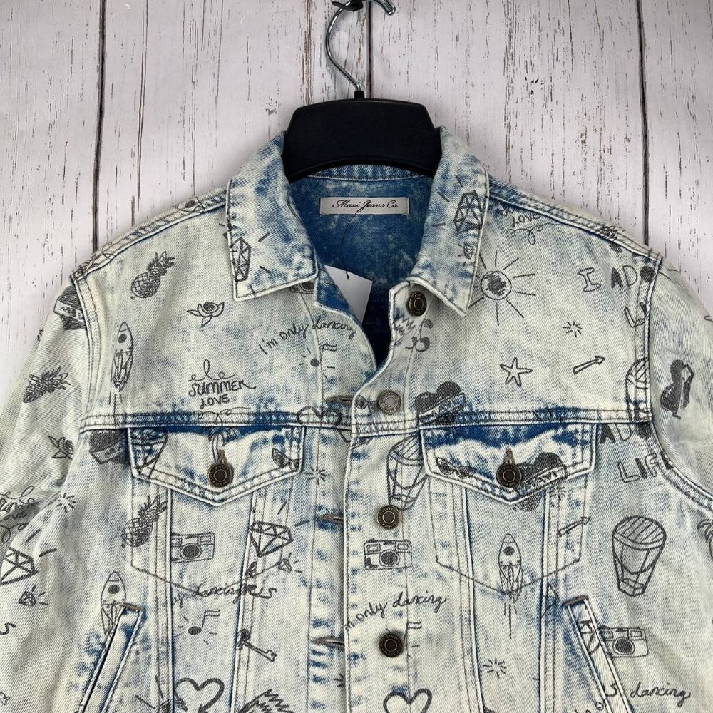 Mavi Small Printed Cropped Fit Stretchable Denim Jeans Jacket White Women New - Picture 2 of 9